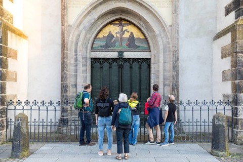 The thesis door of the castle church, Luther city Wittenberg, Saxony-Anhalt, Germany