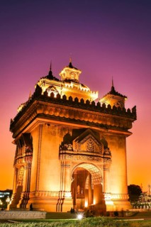 Vientiane, Laos - 15th february, 2025: Patuxai Victory Monument in Vientiane, Laos. The illuminated