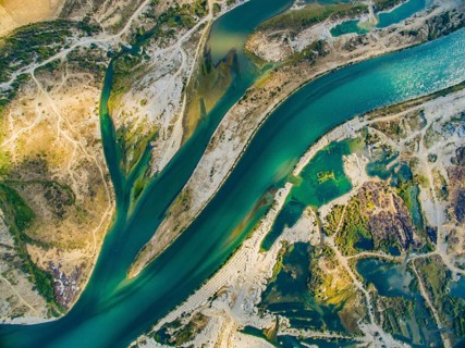Dramatic albania river and landscape from above in Shkoder.Albania