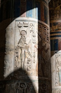 Close up details of the reliefs and hieroglyphs inside Medinat Habu, the ancient Egyptian Mortuary