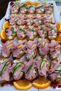 Canapés decorated with ham on a platter, Bavaria, Germany