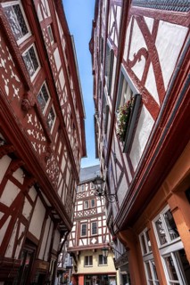 The wine town of Bernkastel-Kues on the Middle Moselle, alleys on the medieval market square with