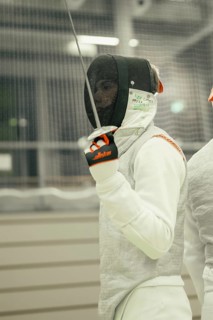 Close-up of a fencer with a raised sword and distinctive gloves, fencing, TSV Calw, Calw district,