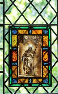 Stained glass depiction of Saint Andrew by C. J. W. Winter c 1840, church of Saint Andrew, Winston,