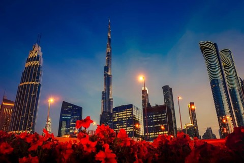 Dubai, UAE - 16th january, 2026: panorama Downtown Dubai, Burj Khalifa and illuminated global