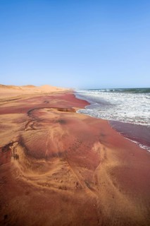 Sandy beach beach with pink sand, Atlantic coast in the Namib Desert, Sandwich Harbour, Namib