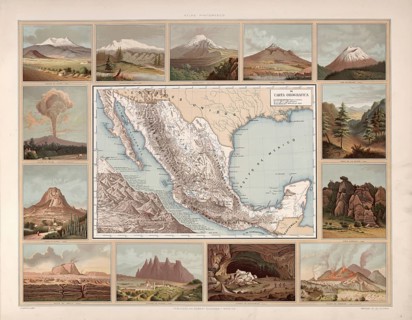 Orographic map, orographic map, volcanoes and mountains in Mexico, around 1900, illustration,