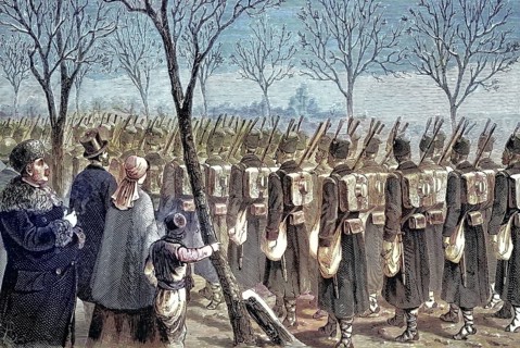 Serbian soldiers marching during the Orient War, Crimean War, 1853 - 1856, reproduction from a 19th