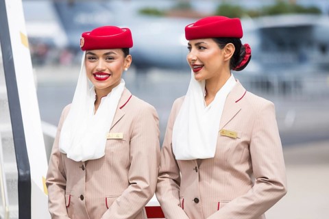 Emirates flight attendants on a tour of the ILA (International Aerospace Exhibition) on 10 June