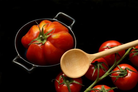 Oxheart tomato in pots and vine tomatoes, Solanum lycopersicum