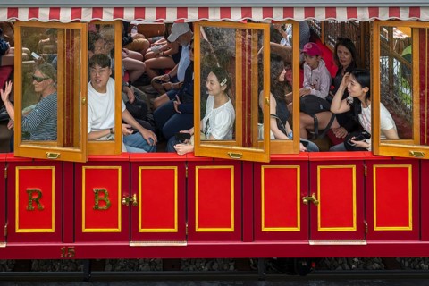 Vitznau Rigi Bahn mountain railway historic presentation car with Asian tourists, Rigi Staffel,