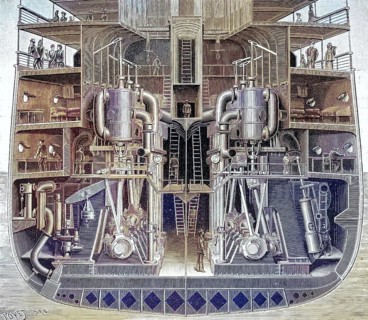 Cross-section of the engine room of a steamship from the late 19th century. A powerful, standing