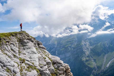 Mountaineers at Tanzbödeli summit, Bernese Alps, Bernese Oberland, Switzerland