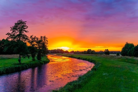 Northern floods, body of water, Spreewald, sunset, cloud atmosphere, flood protection, Germany