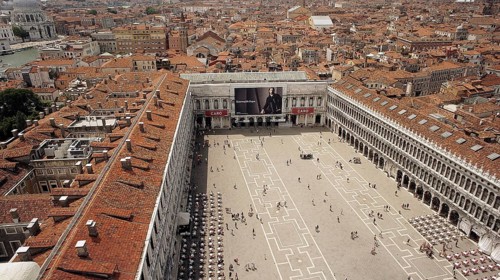 View from above of St. Mark's Square and the rooftops of Venice, Historic Square full of people