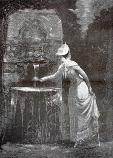 Elegantly dressed woman from the 19th century standing at an ornate fountain. Lady in contemporary