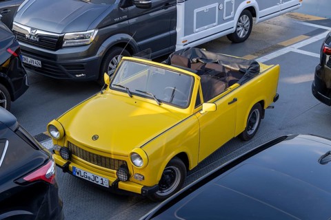 Trabi, Trabant convertible on FRS Elbe ferry near Glückstadt, Schleswig-Holstein, Germany