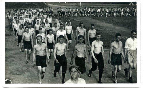 Men, HJ, Hitler Judend, Oranised, National Socialism, Athletes, Entry into Stadium, Rally, Shorts,