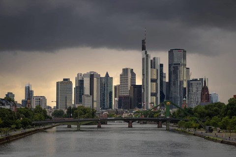 Dark rain clouds sweep across Frankfurt's banking skyline, Frankfurt am Main, Hesse, Germany