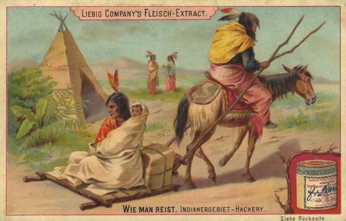 Picture series How to Travel, America, a scene with Native Americans using a horse to pull a