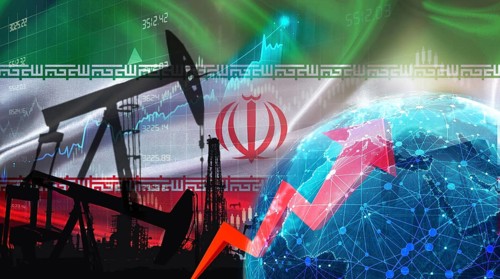 Oil production with Iran flag, petrol industry. Oil pumps with Iranian flag