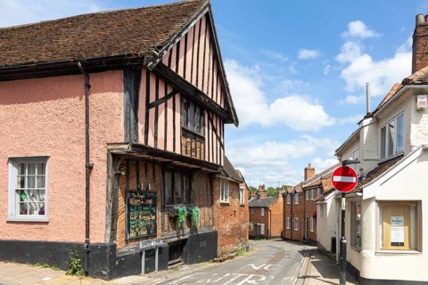 Historic buildings timber framed Angel pub and Angel Lane, town of Woodbridge, Suffolk, England, UK