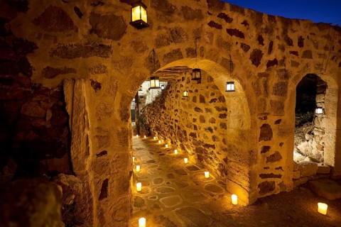 Open-air cinema, An illuminated stone passageway at night with romantic lighting, Kastro, old
