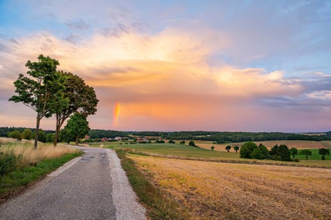 Rainbow in the sky at evening light over a walking parth in an agricultural landscape, Upper