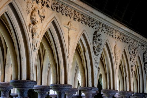 Detailed view of the historic cloister on the upper floor of the Merveille building of the