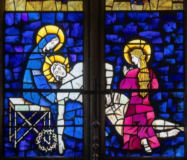 Detail of stained glass window, Lady Chapel, St Mary Redcliffe Church, Bristol, England, UK by