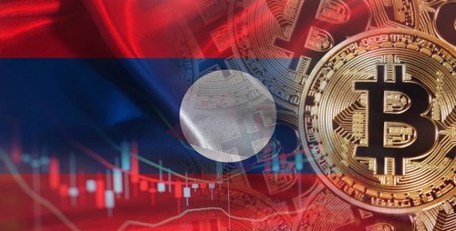 Bitcoin cryptocurrency with Laos flag, Investors in Blockchain Technology. Laotian flag with