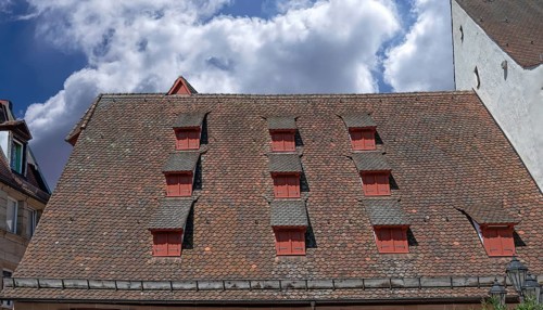 Dormers on the historic granary, dated 1422, renovation dated 1557 and 1629, today Kulturscheune