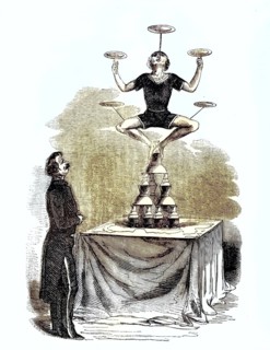 Illustration shows the equilibrist Amidi Neuporte doing a piece of bottle art. The artist balances
