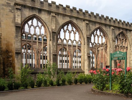 Ruins of Temple Church, Church of the Holy Cross, bombed in 1940, Redcliffe, Bristol, England, UK