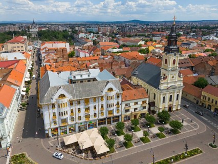 Panorama with historic church, old buildings and red roofs under a sunny sky, aerial view, palace