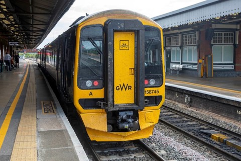 British Rail Class 158 Express Sprinter train diesel multiple 158745, Westbury railway station,