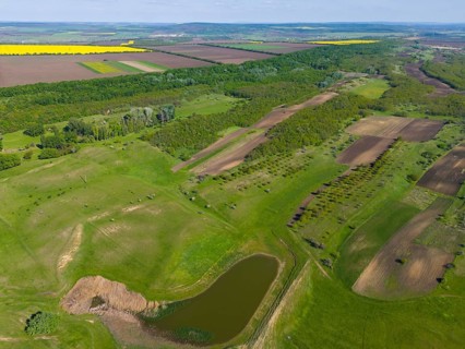 Green and yellow fields stretch across hilly landscape under blue sky, aerial view, landscape near