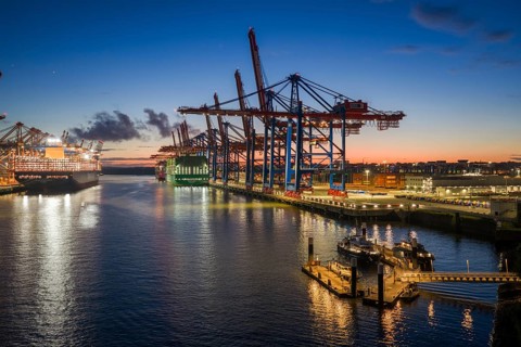 Aerial view at Waltershof harbour during the Blue Hour with Eurogate Container Terminal Hamburg