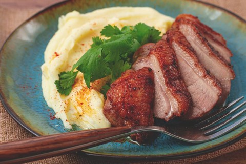 Roast duck breast, sliced with mashed potatoes, on a plate, close-up, no people