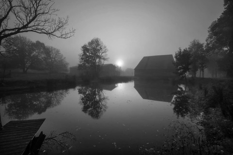 Morning sun over the estate pond on a foggy morning at Gut Othenstorf, black and white, Othenstorf