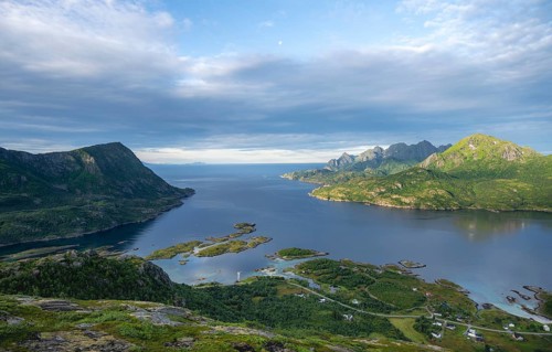 Mountain panorama, view of Raftsund fjord with mountains, view from the summit of Keiservarden or