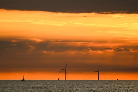 Sailboat, large wind turbines, wind turbines off the coast at sunset, Houvig Beach, North Sea,