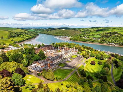 Britannia Royal Naval College from a drone, Dartmouth, River Dart, Devon, England, United Kingdom