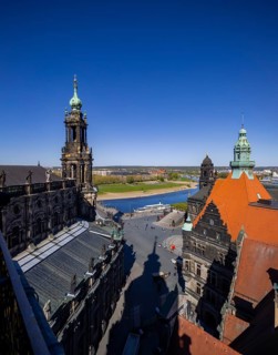 View from the castle tower of the high nave of the Catholic Court Church on the Elbe, Ständehaus