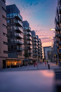Modern residential buildings at dusk with purple skies and urban flair, Dublin, Ireland