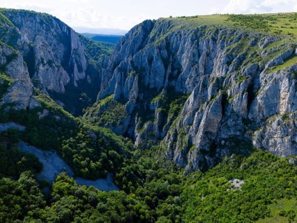 Impressive gorge with steep rocks and thick forest under clear sky, aerial view, Cheile Turzii,