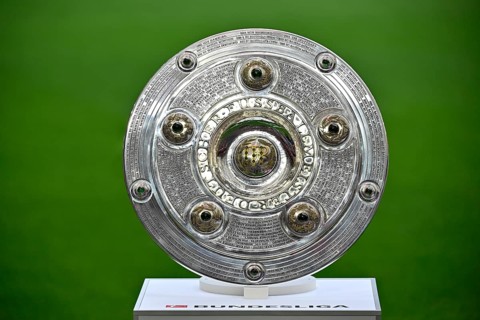 Championship cup, bowl, trophy, on podium, soccer Bundesliga, Allianz Arena, Munich, Bayern,