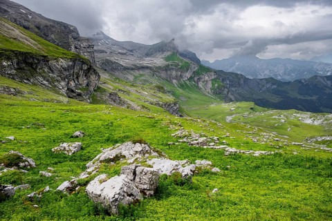 Green mountains, alpine pastures and alpine meadows on Kienboden, Bernese Alps, Bernese Oberland,