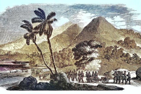 French troops marching in Punaauia during the Franco-Tahitian War (1844–1847) on the island of