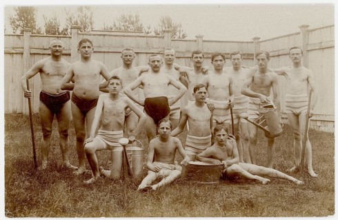 Bathing, swimwear, leisure, summer, men's pool, A group of men and boys posing with buckets and